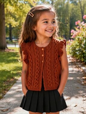Cyrillus Kids Girls Ruffled Cable Knit Cardigan in Warm Rust, Size 6
